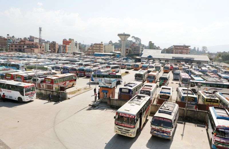 Vehicles parked at Gongabu-based New Bus Park on Wednesday. The government authorities had signed an agreement with Lhotse Multipurpose Pvt Ltd to upgrade the bus park under public private partnership model about two years ago but there has been no progress so far in upgrading the bus park. Photo: Pradeep Luintel/Aarthik Abhiyan