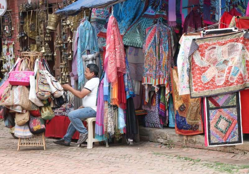 Hand-made bags and dresses on display in a curio shop near Bhaktapur Durbar Square. Photo: Saroj Karki/NBA