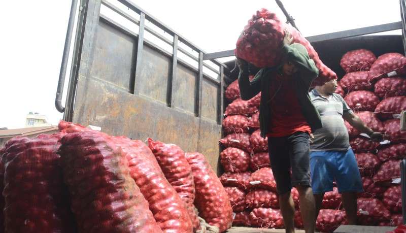A worker unloads vegetables at the Kalimati Vegetable Market. Photo: Ravi Maharjan/NBA