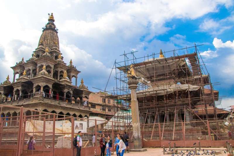 Temples of Patan Durbar Square undergoing reconstruction after sustaining damages during the 2015 earthquakes. Photo: Saroj Karki/NBA