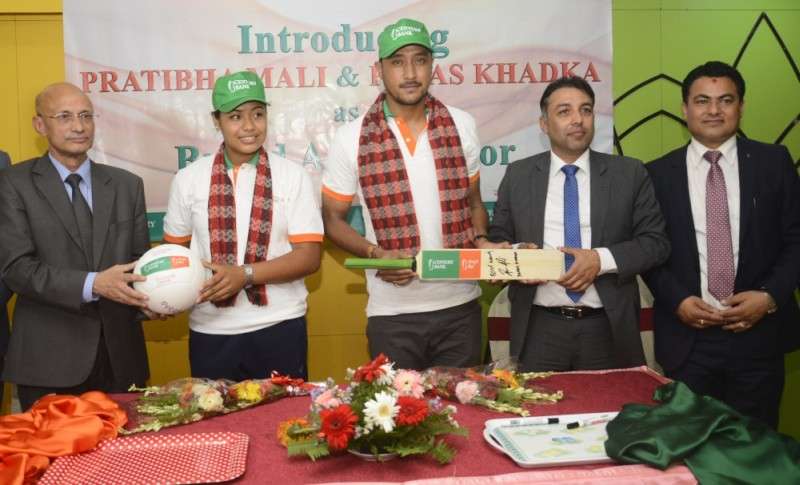 Century Commercial Bank appoints cricket star Paras Khadka and volleyball player Pratibha Mali as its brand ambassador. Photo: Ravi Maharjan/NBA