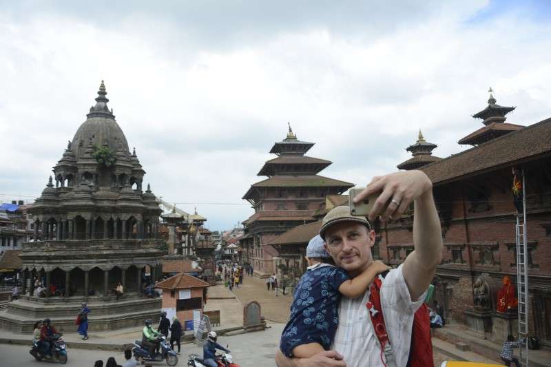 A tourist taking selfie at Patan on Monday. Photo: Ravi Maharjan/NBA