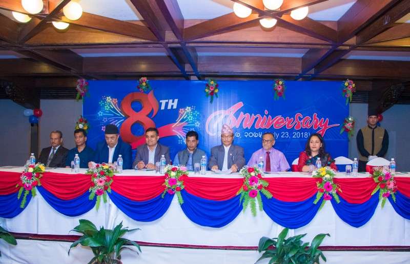 Representatives of Mega Bank during the 8th anniversary of the bank at Hotel Annapurna on Monday. Photo: Pradip Luitel/NBA