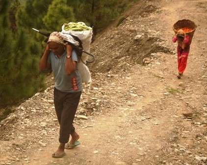 Farmers of Patalekhola in Gurans Rural Municipality of Dailekh carrying vegetables on their backs to the market in Dharampokhari. Although the village has access to road, the farmers are compelled to carry their products to the market after the road got damaged by heavy rainfall this monsoon. Photo: Rita Kumari Shahi/NBA