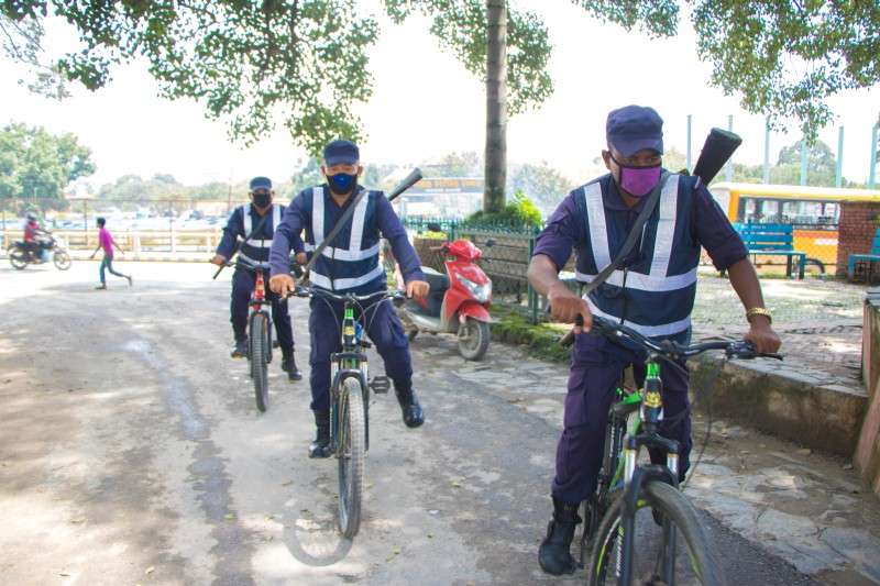 Police personnel from Hanumandhoka during a patrol on cycles at Bhadrakali. Police have claimed that the cycle patrol team has been effective in curbing petty thefts in crowded areas of the city. Photo: Pradip Luitel/NBA