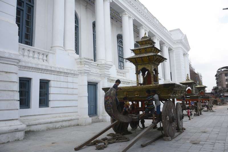 Children playing on the chariot of Goddess Kumari at Basantapur ahead of the Indra Jatra Festival, when the living goddess will appear in the public on the chariot. Photo: Ravi Maharjan/NBA