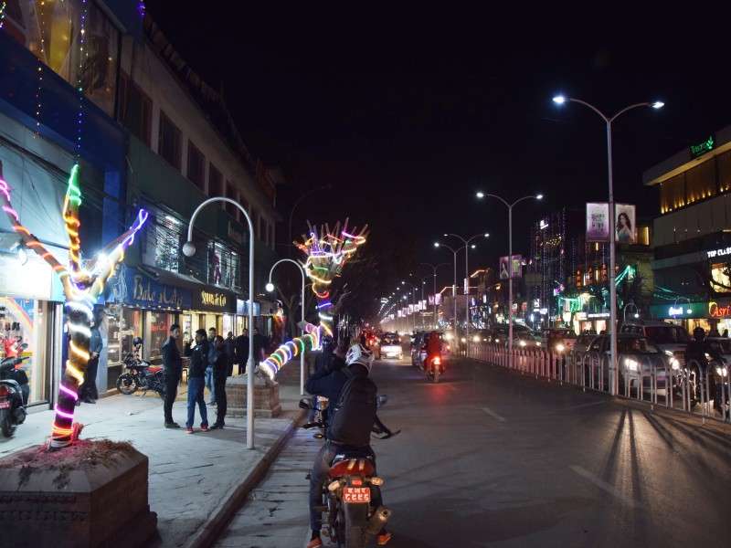 The street of Durbar Marg decorated with lights on the New Year's eve on Monday. Photo: Monika Malla/NBA