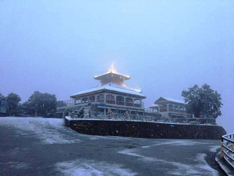 The temple of Lord Shiva in Chandragiri covered with snow on Wednesday. This is the second time that the hills around the Kathmandu Valley has received snowfall. Photo Courtesy: Chandragiri Hills Limited