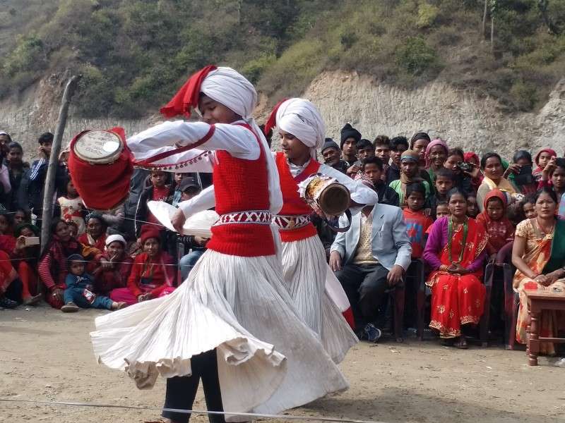 Dancers perform the ‘Hudke’ dance at Dhungeshwar Rural Municipality of Dailekh district during a function organised by the sports development committee to mart Shree Panchami. Photo: Pankha Bahadur Shahi/NBA