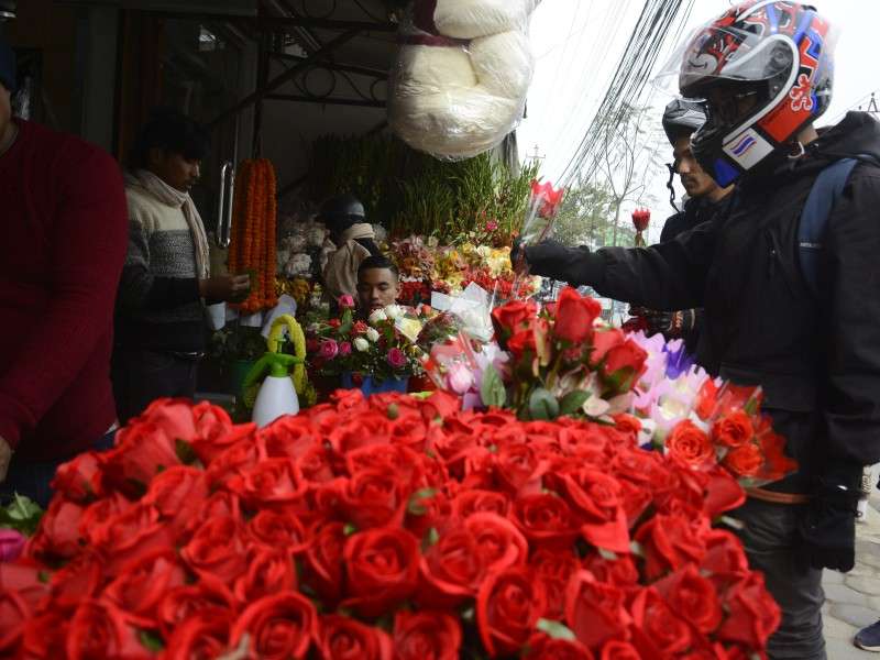 A person buying rose on the occasion of Valentine’s Day on Thursday. This western culture is getting popular among the youths of Nepal. Photo: Ravi Maharjan/NBA