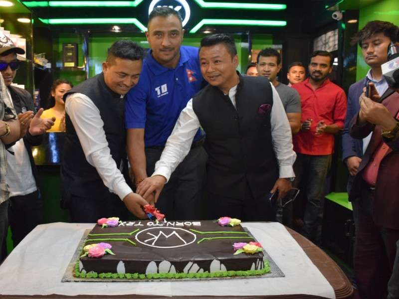 National cricket team captain Paras Khadka inaugurating the outlet of WK brand in Lalitpur in this handout photo provided by TechMax International. The store provides gadgets and accessories.